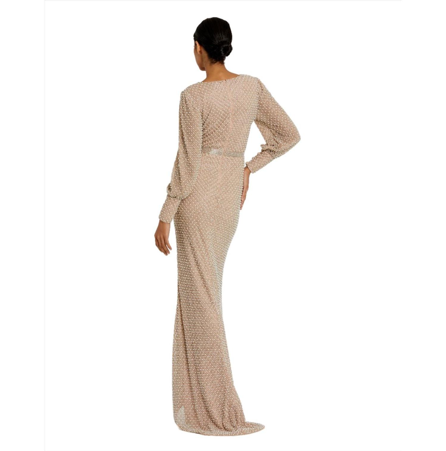 Women's Wrap Over Bishop Sleeve Gown With Pearl Beading