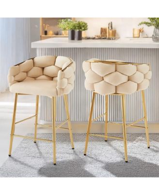 Set of 2 Modern 28 Inch Upholstered Bar Stools with Soft Back Cushion Metal Frame and Footrest for Kitchen Dining or Living Room