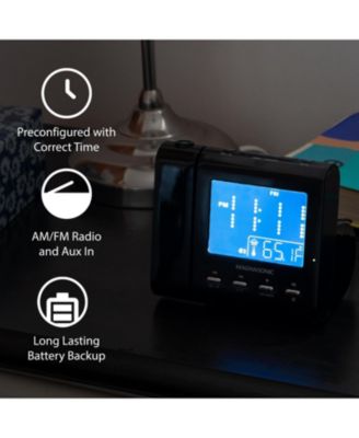 Projection Alarm Clock – AM/FM Radio, Auto Time Set, Dual Alarm, Temp/Date Display, Battery Backup, Bonus Aux Cable