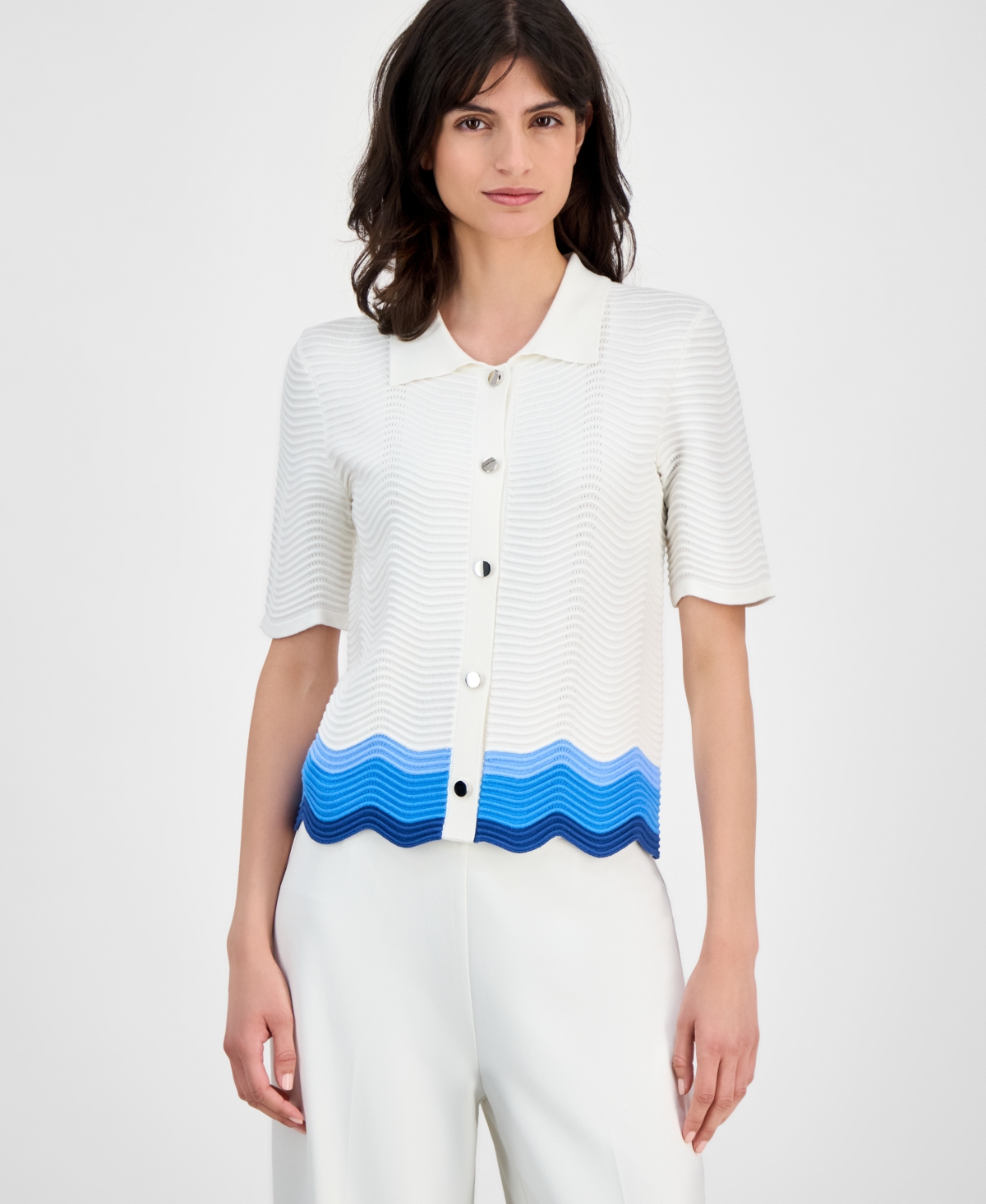 Women's Striped-Hem Sleeveless Button Cardigan - White Star With Blush Blaze Apple