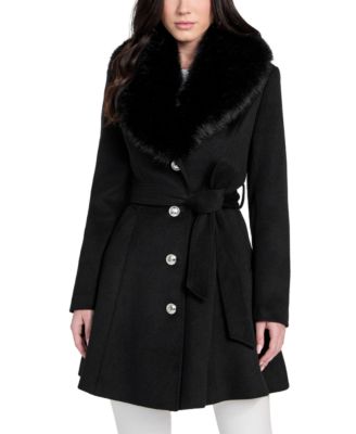 GUESS - Women's Belted Faux-Fur-Collar Button-Front Coat