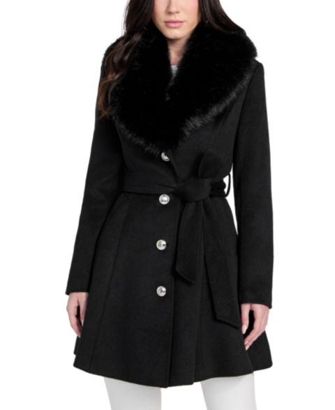 Женское пальто GUESS Belted Faux-Fur-Collar Button-Front Coat, цвет: Чёрный