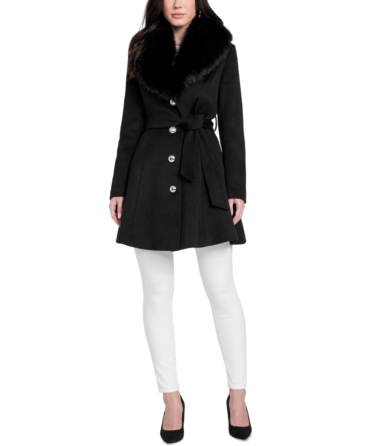 Guess Women's Belted Faux-fur-collar Button-front Coat In Blue