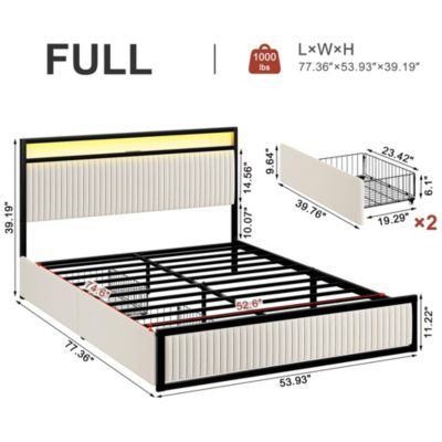 Full Size Velvet Upholstered Bed Frame with LED Headboard, 2 Drawers, Charging Station