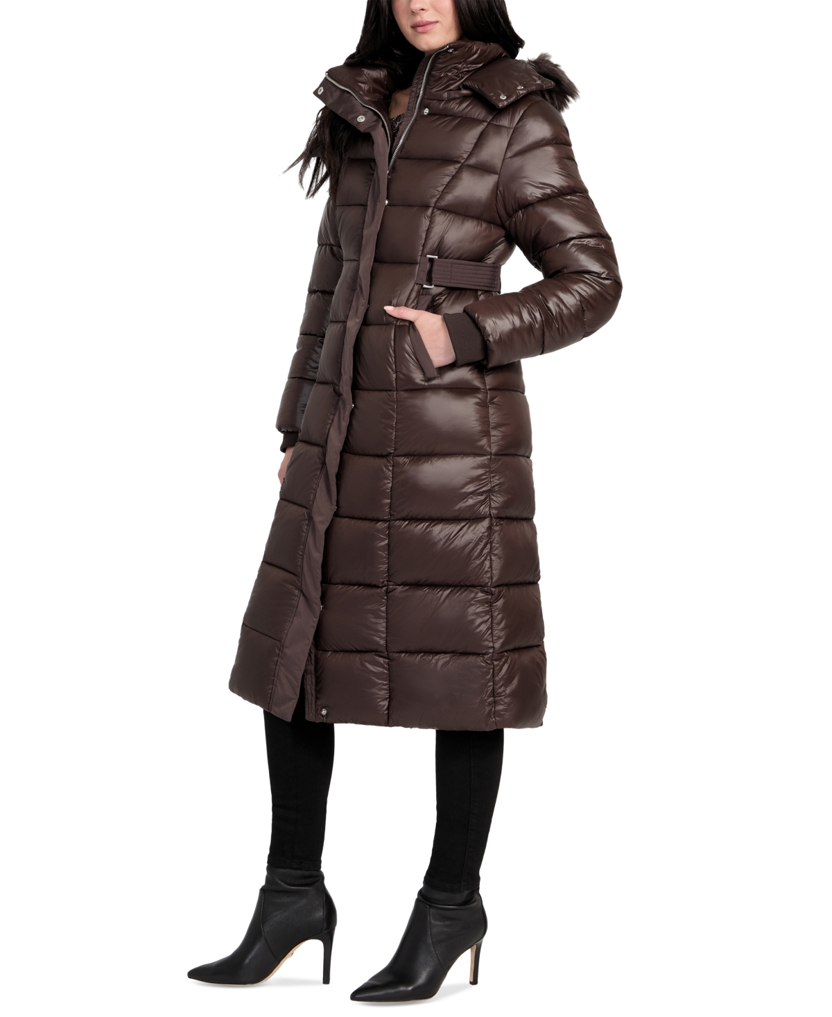 Brown Guess Coat Sale Guess Women's Shine Hooded Mid-length Puffer