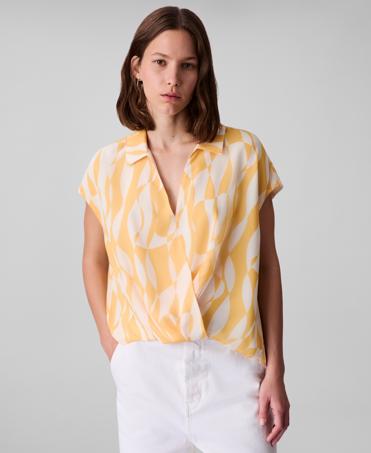 Women's Printed Chiffon Faux-Wrap Cap-Sleeve Top - Lemon Amber