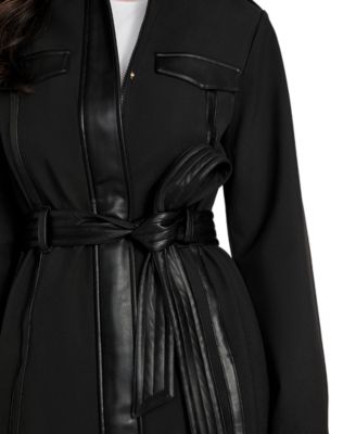 Women's Faux-Leather-Trim Belted Trench Coat