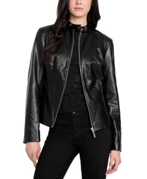 Женская куртка GUESS Faux-Leather Basketweave, цвет: Чёрный