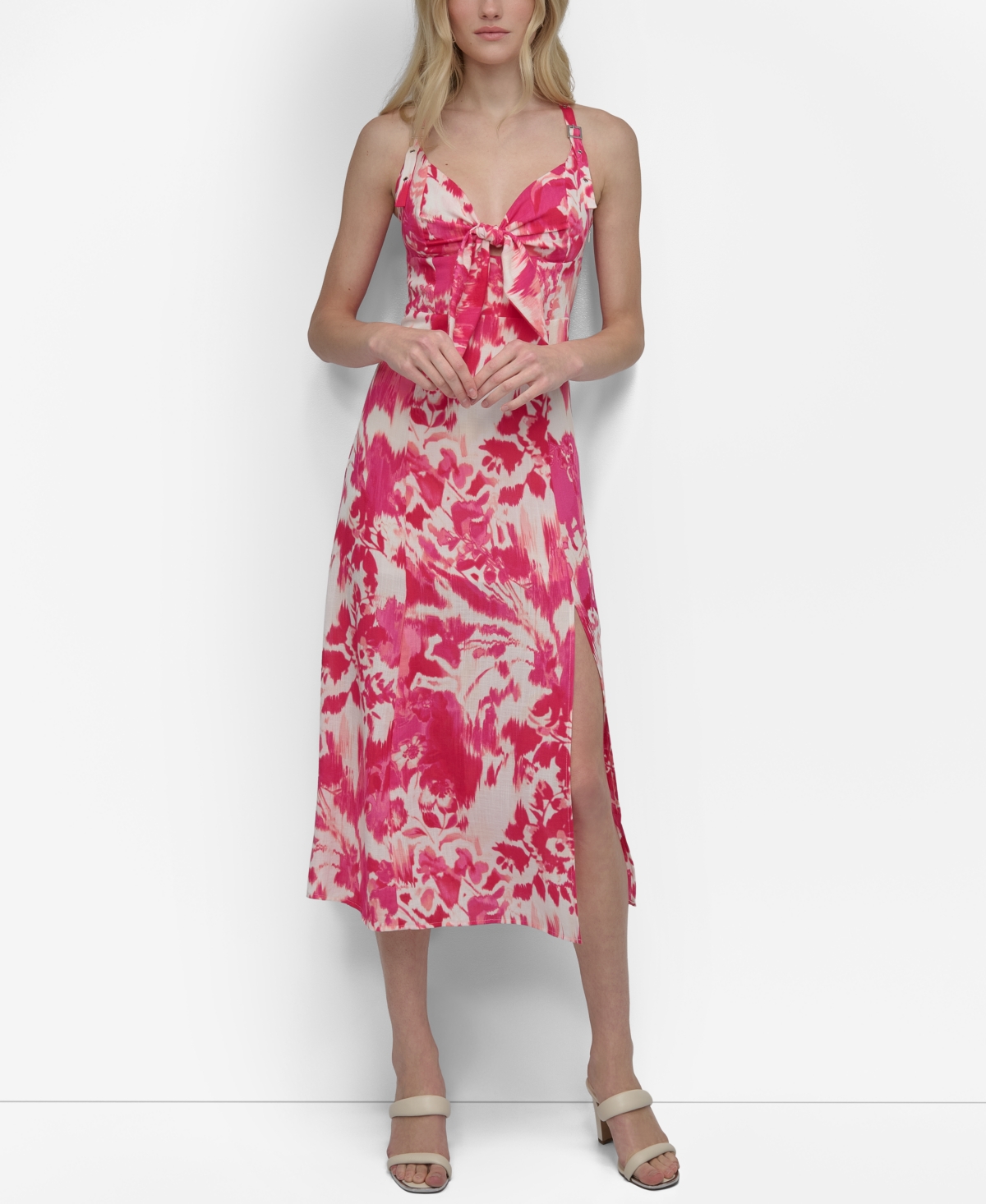 DKNY WOMEN'S BOW-FRONT BUCKLED-STRAP MIDI DRESS 