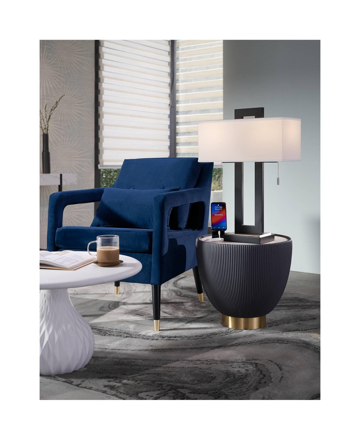 Neil Modern Rustic Table Lamp 26" High with Usb Charging Port Black Open Metal White Fabric Rectangular Shade for Bedroom Living Room House Home