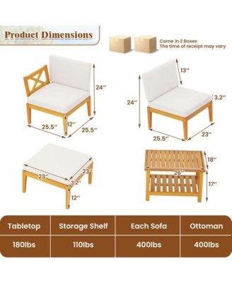 5 PCS Acacia Wood Patio Furniture Set with 2-Tier Coffee Table and Cushions