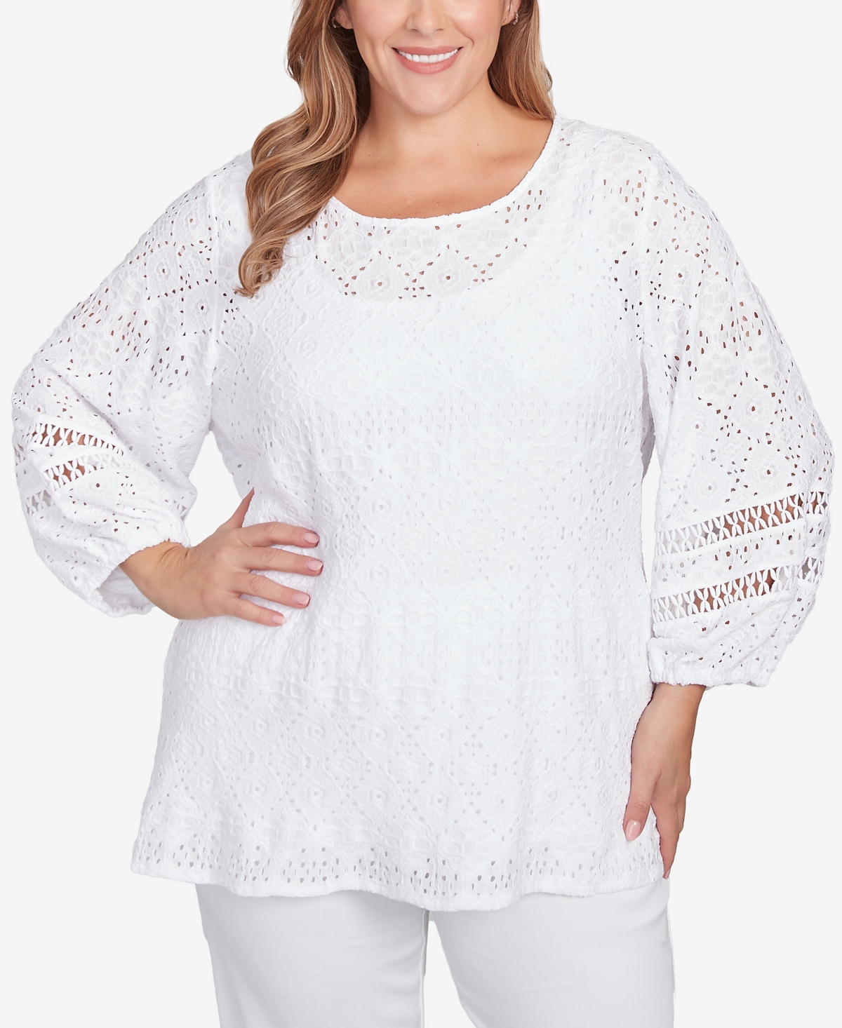 Plus Size Diamond Eyelet Solid Knit Top - White