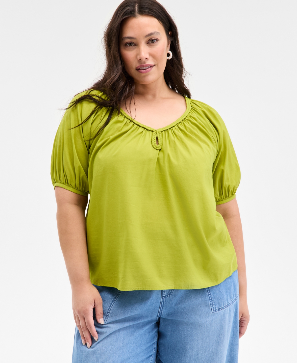 Trendy Plus Size Braided-Trim Short-Sleeve Top, Exclusively at Macy's - English Pea