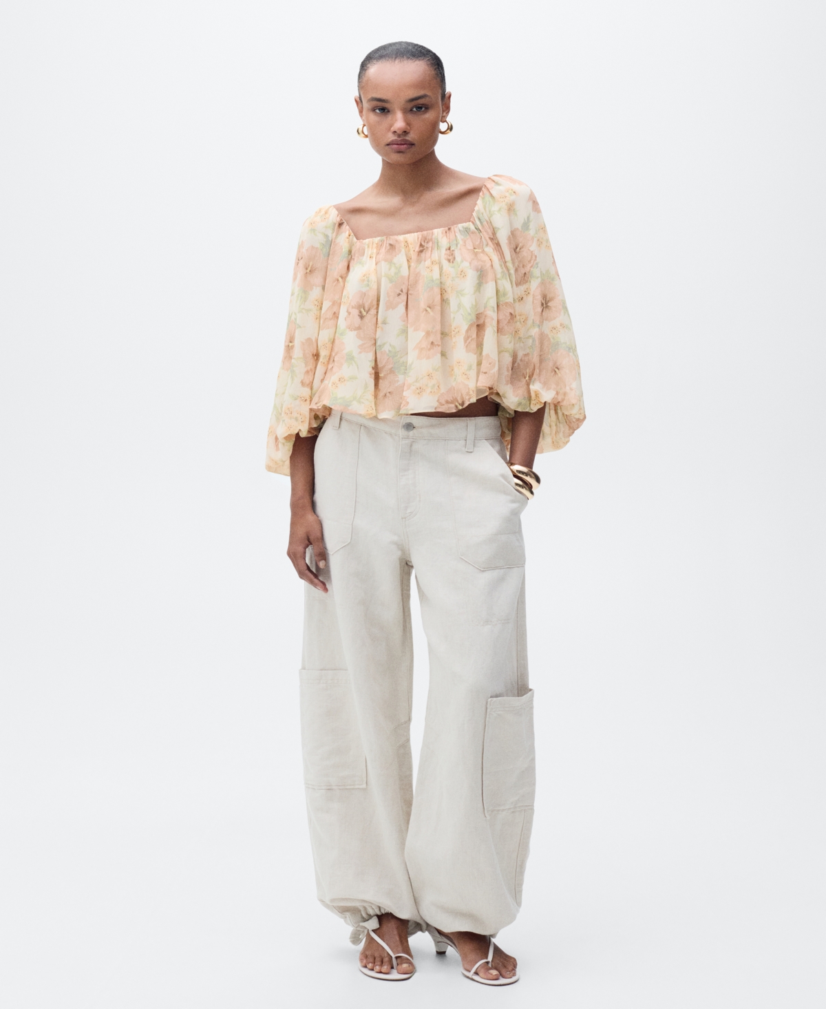 Women's Open-Back Floral Blouse - Ecru