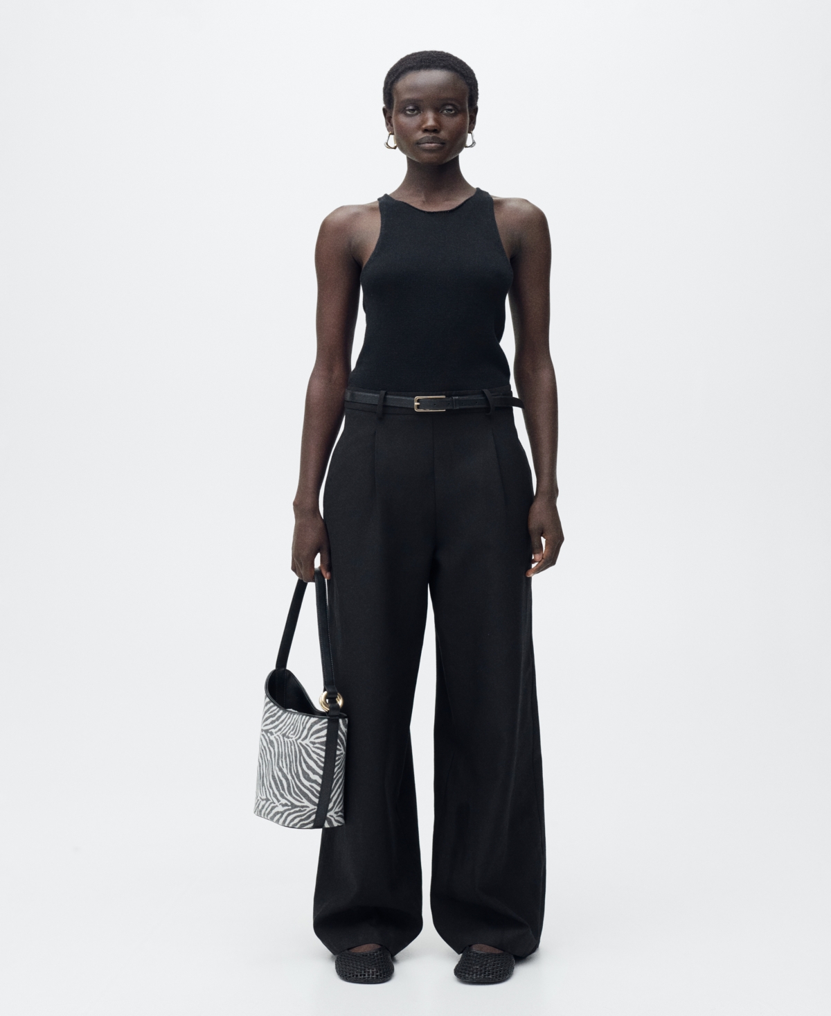 Women's Combined-Fabric Belt Jumpsuit - Black