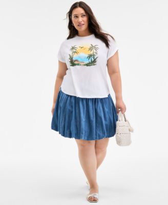 Trendy Plus Size Raglan Seam Palm Print T Shirt Denim Bubble Hem Mini Skirt Exclusively At Macys