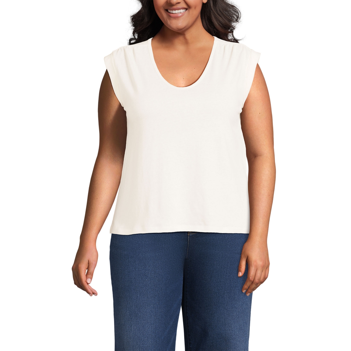 Women's Plus Size Linen Blend Cap Sleeve Gathered Shoulder Tee - Ivory