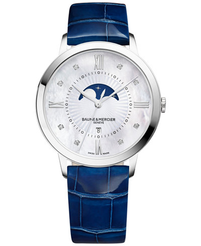 Baume & Mercier Women's Swiss Classima Diamond Accent Blue Leather Strap Watch 37mm M0A10226