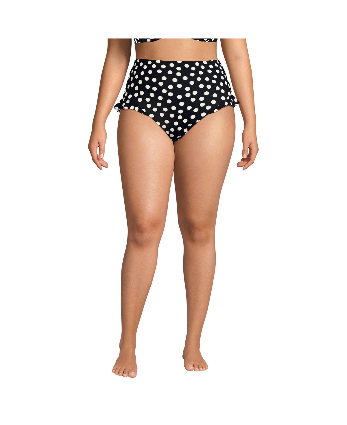 Women's Ruffle High Waisted High Leg Bikini Bottoms - Black/egret white tossed dots