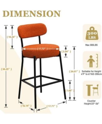 Set of 2,Metal/Fabric, 24 Inches Modern Counter Height Bar Stools with Curved Back, Upholstered Boucle Barstools for Kitchen Island, Cafe