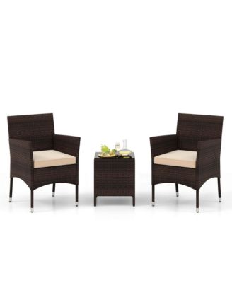 3 PCS Outdoor Conversation Set with Cushioned Seat & Tempered Glass Tabletop