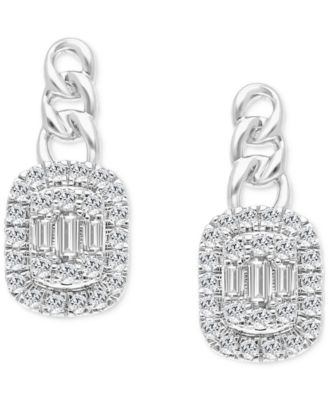 Diamond Round & Baguette Halo Cluster Drop Earrings (1/3 ct. t.w.) in 14k White Gold