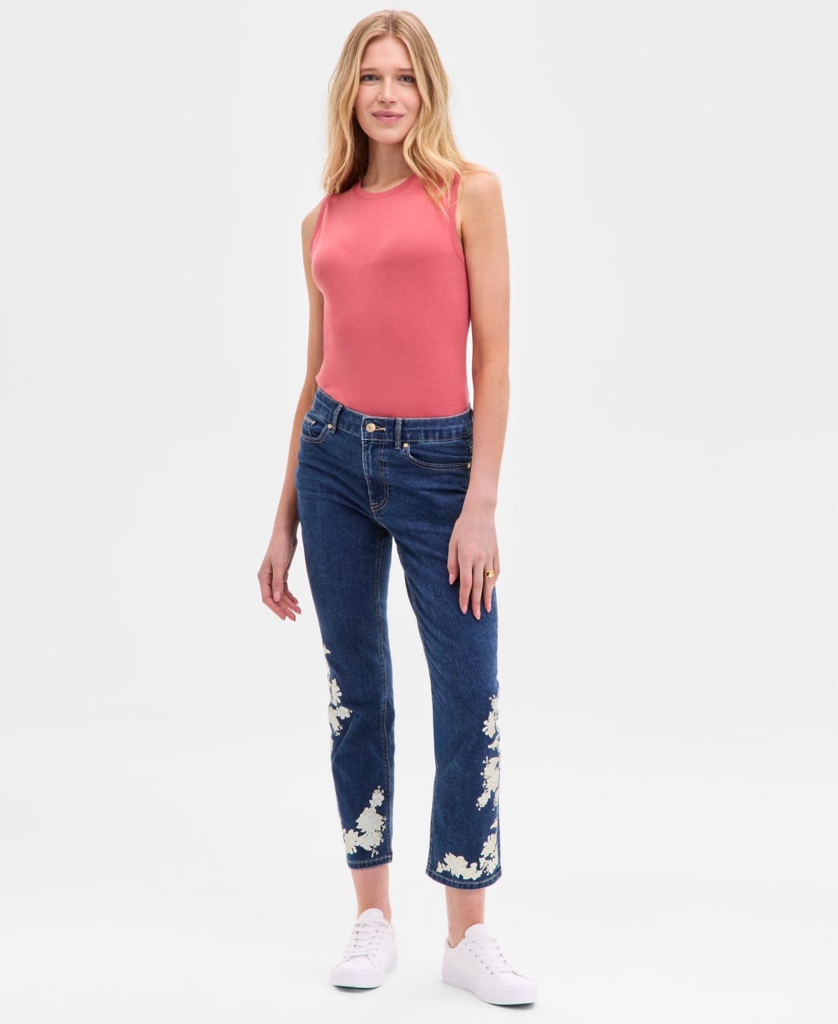 Women's Floral-Trim Straight-Leg Ankle Jeans - Ws 005- Niagara Wash