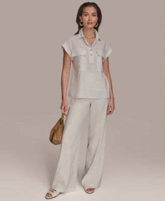 Womens Linen Blend Cap Sleeve Collared Shirt Wide Leg Pants