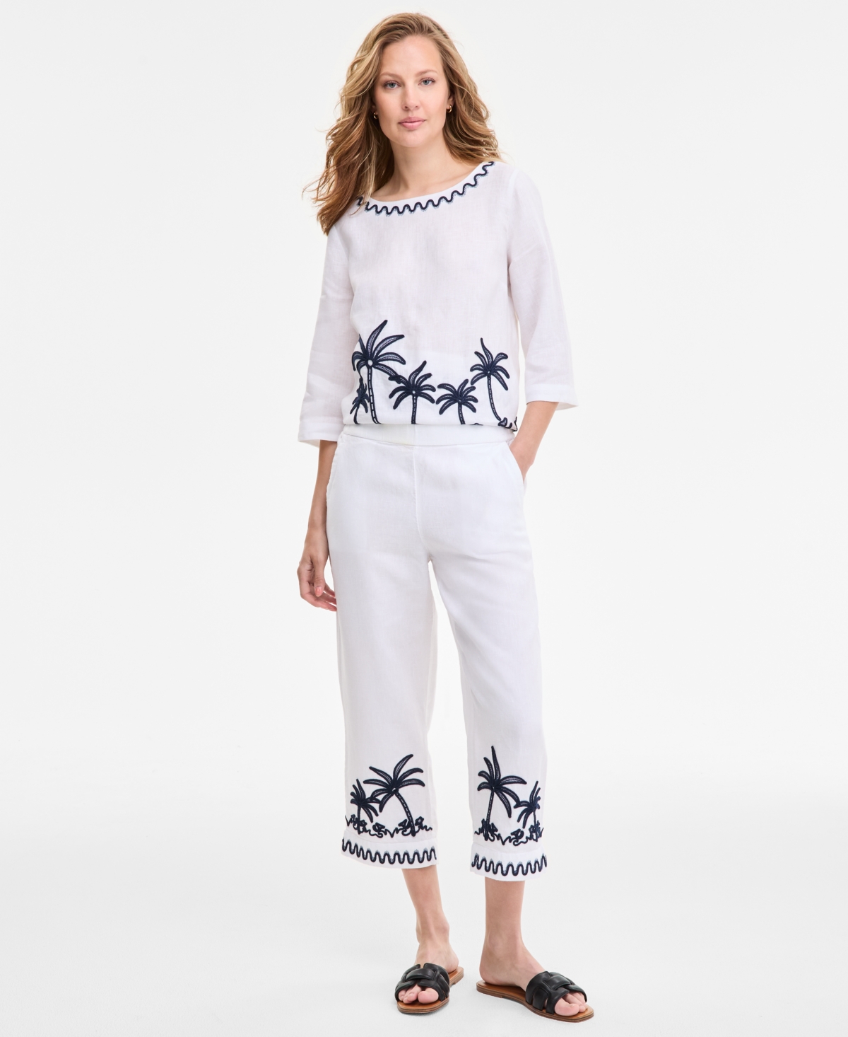 Women's Woven-Applique 100% Linen Pull-On Cropped Pants, Exclusively at Macy's - Bright White