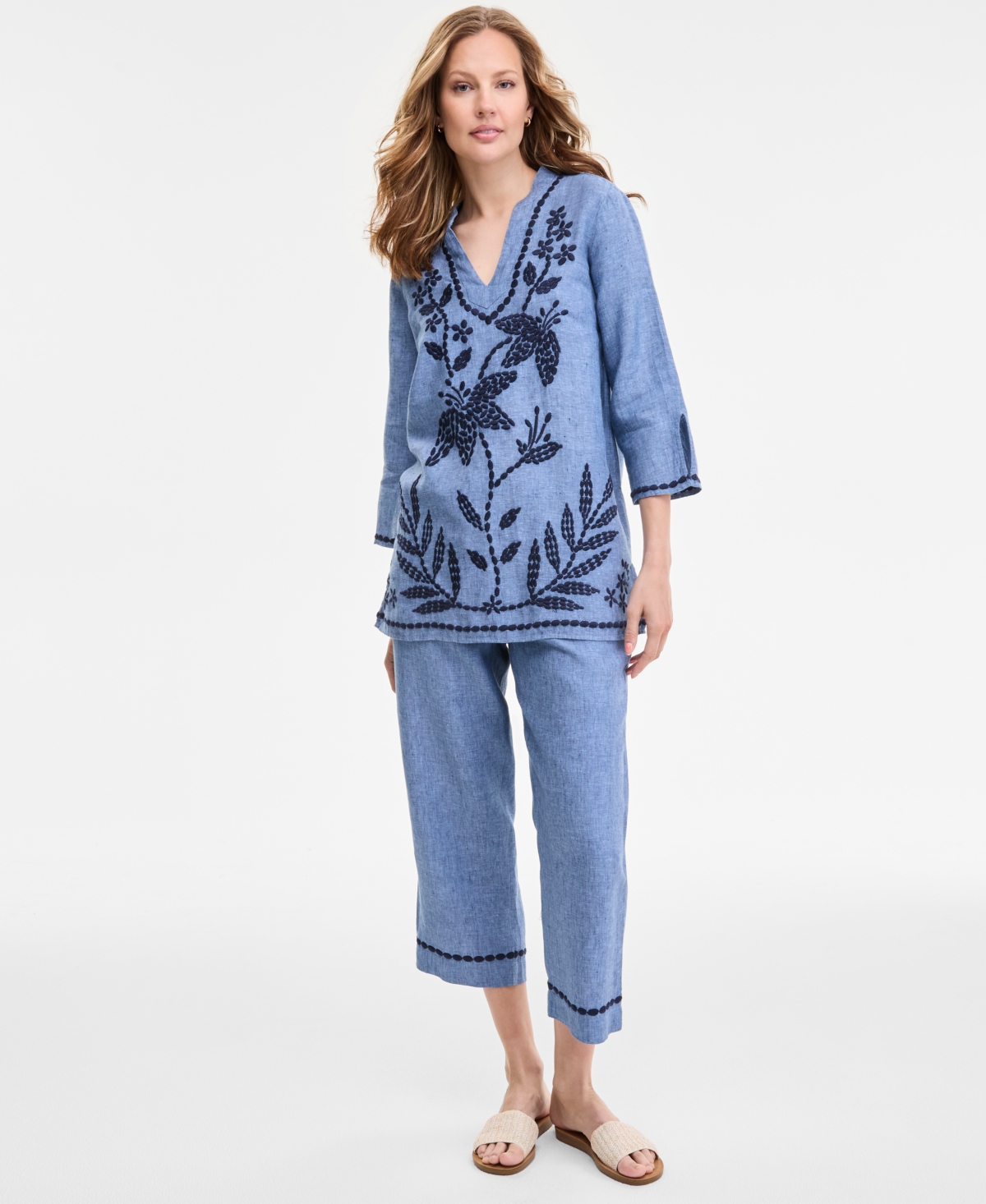 CHARTER CLUB WOMEN'S 100% LINEN 3/4-SLEEVE TUNIC TOP, EXCLUSIVELY AT MACY'S 