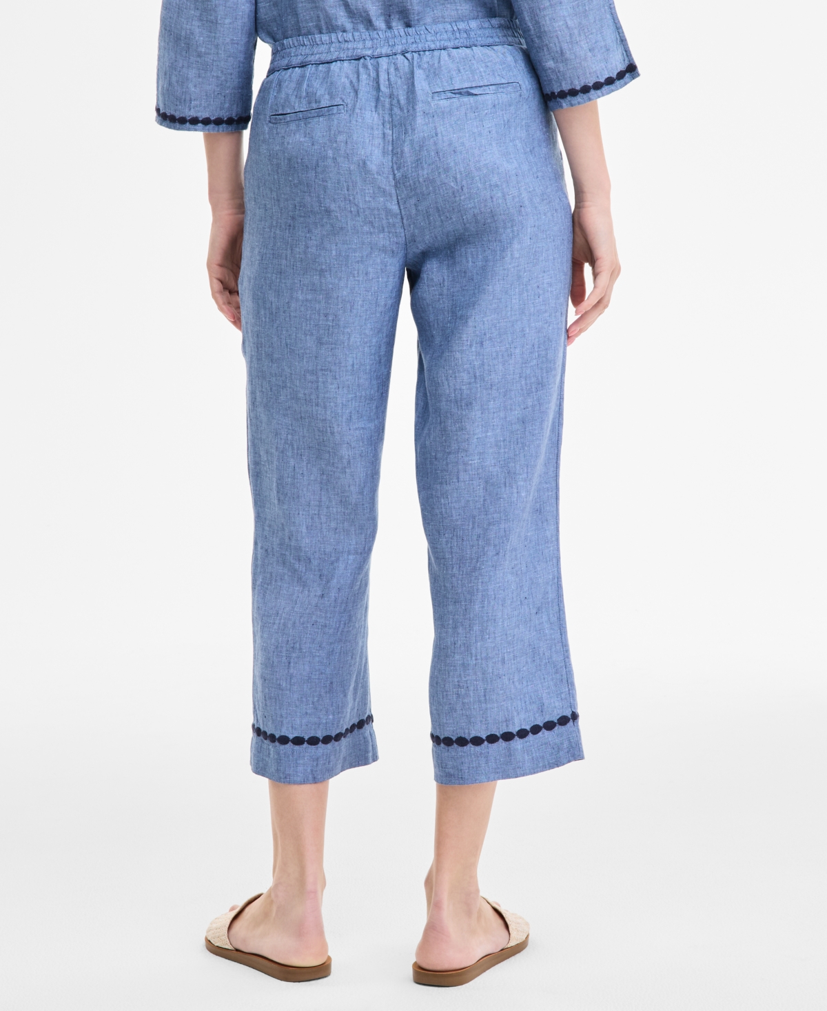Shop Charter Club Women's Embroidered-cuff 100% Linen Woven Cropped Pants, Exclusively At Macy's