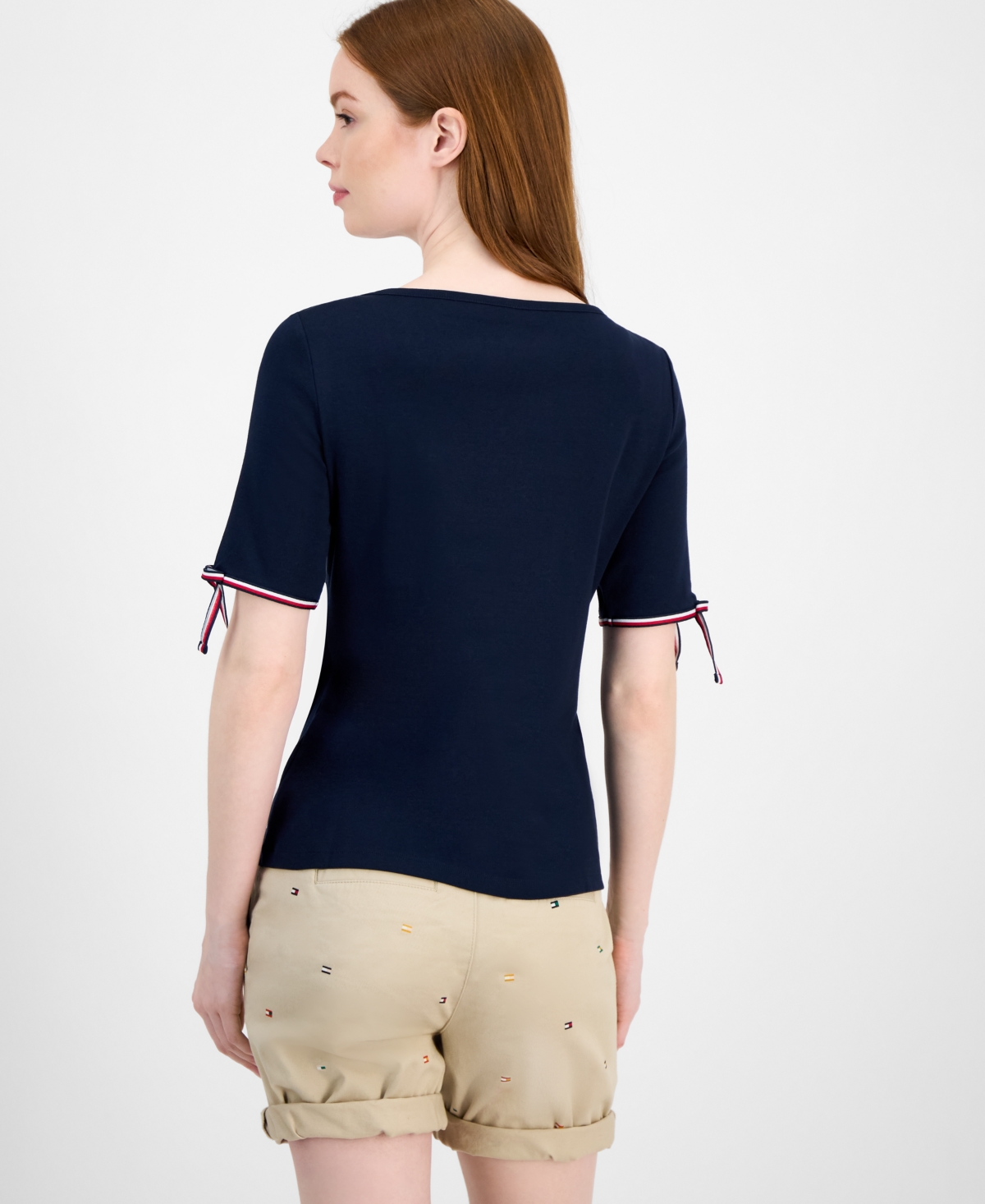 Tommy Hilfiger Women's Cotton Boat-neck Tie-sleeve T-shirt