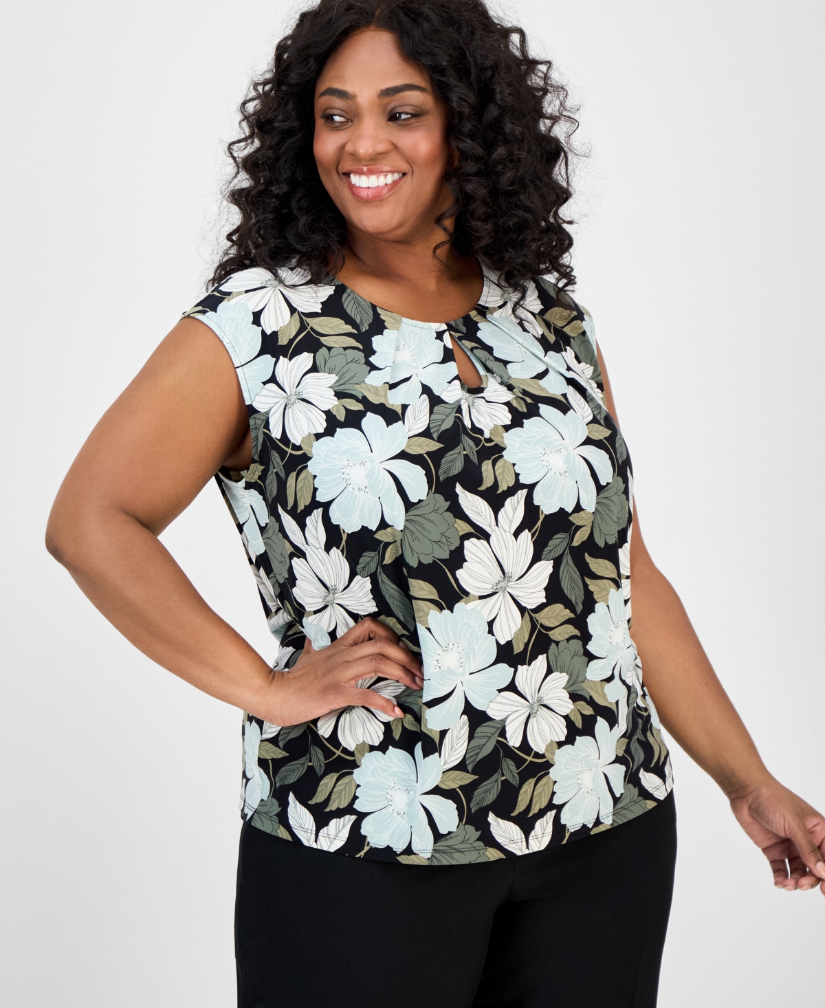 Plus Size Floral-Print Keyhole Top - Sea Glass Multi
