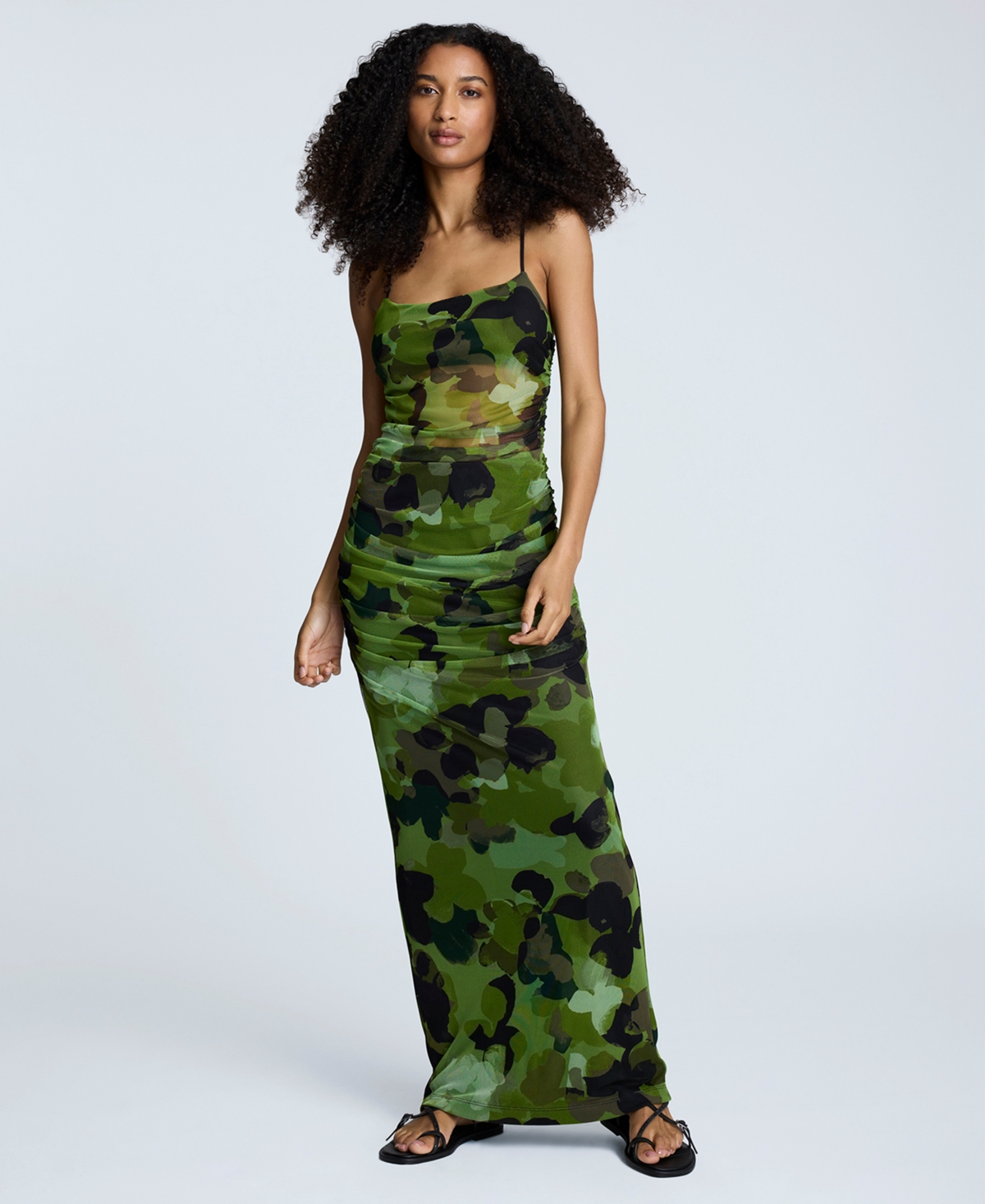 Women's Ruched Bodycon Maxi Dress - Cactus Green Multi