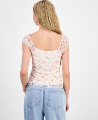 Juniors' Floral Printed Lace Cap-Sleeve Top