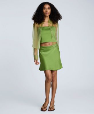 Womens Button Front Cropped Organza Shirt Cropped Satin Bustier Top Pull On Bias Cut Mini Skirt