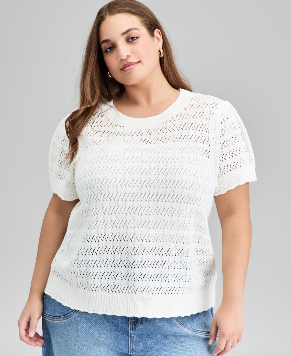 And Now This Trendy Plus Size Crewneck Short-sleeve Sweater, Exclusively At Macy's In White