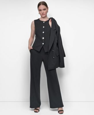 Womens Pinstriped Crewneck Button Front Vest High Rise Flare Leg Pants