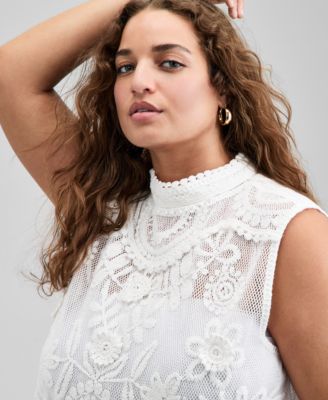 Trendy Plus Size Cotton Crochet Mock Neck Sleeveless Top, Exclusively at Macy's