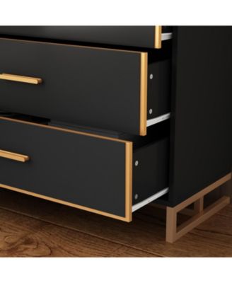 Bedside table with 3 drawers, side table with gold metal handles and feet, end table in black wood, suitable for bedrooms, living rooms, offices