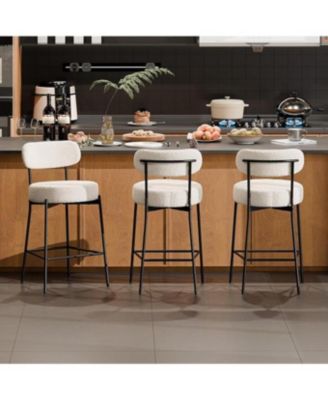 Bar Stools Set of 3, 24 Inches Modern Counter Height Bar Stools with Curved Back, Upholstered Boucle Barstools for Kitchen Island, Cafe