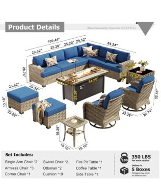 13 Piece Outdoor Patio Furniture Sets with Fire Pit Table,All Weather Wicker Sectional Sofa with Extra Deep Patio Swivel Chairs and Solar PoweRed Coffee Table for