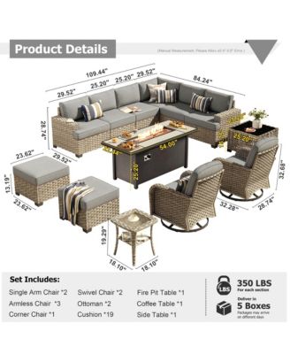 13 Piece Outdoor Patio Furniture Sets with Fire Pit Table,All Weather Wicker Sectional Sofa with Extra Deep Patio Swivel Chairs and Solar PoweRed Coffee Table for