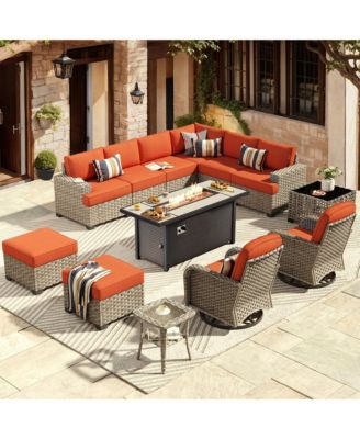 13 Piece Outdoor Patio Furniture Sets with Fire Pit Table,All Weather Wicker Sectional Sofa with Extra Deep Patio Swivel Chairs and Solar PoweRed Coffee Table for