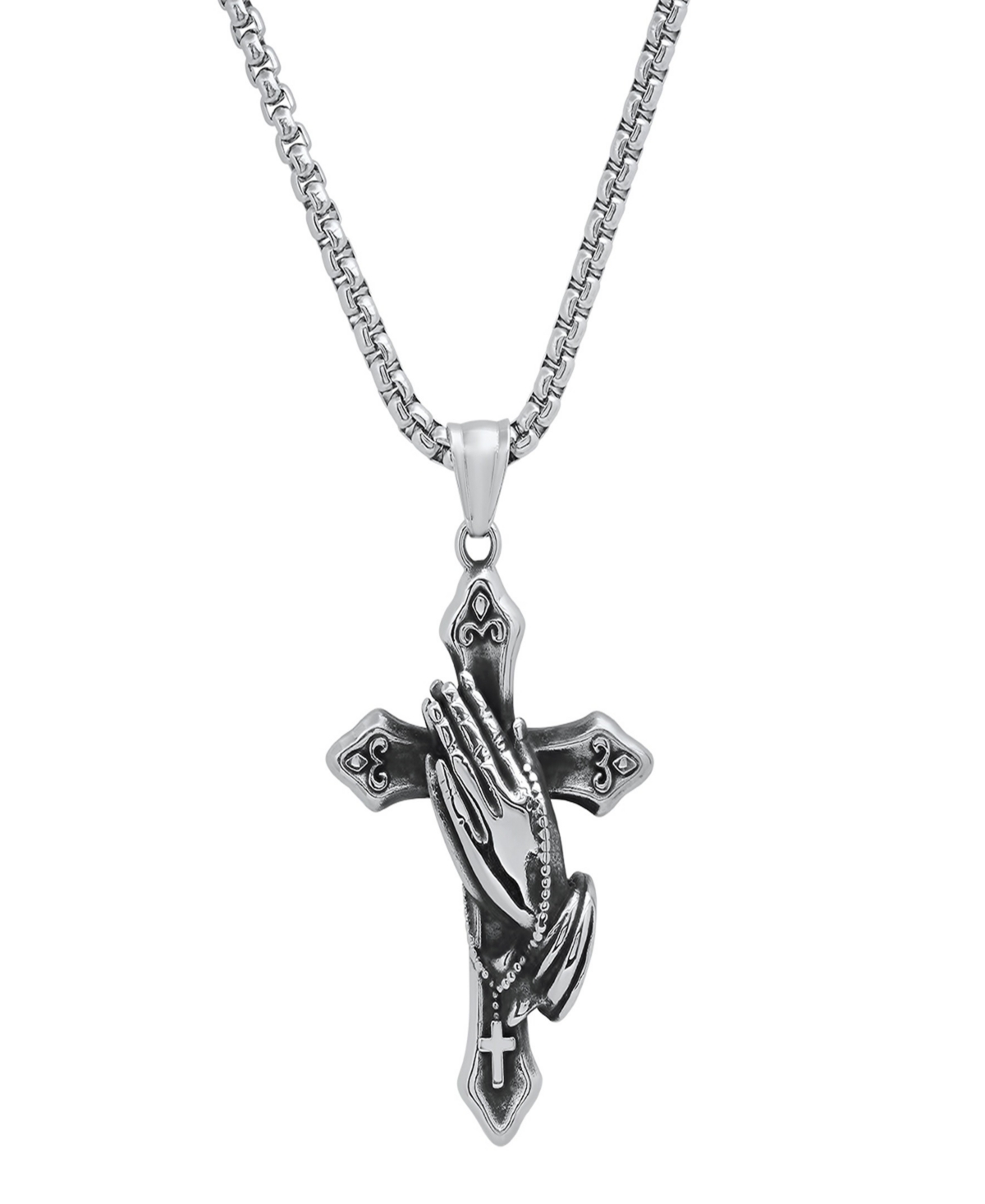 Men's Stainless-Steel Prayer Hand and Cross Pendant Necklace - Silver