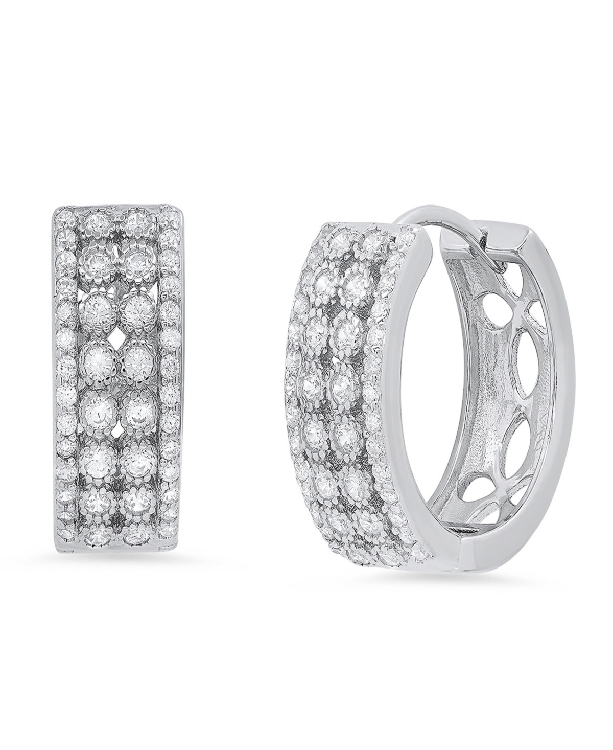 Women's Sterling Silver and Multi-Row Simulated Diamonds Round Huggie Earrings - Silver