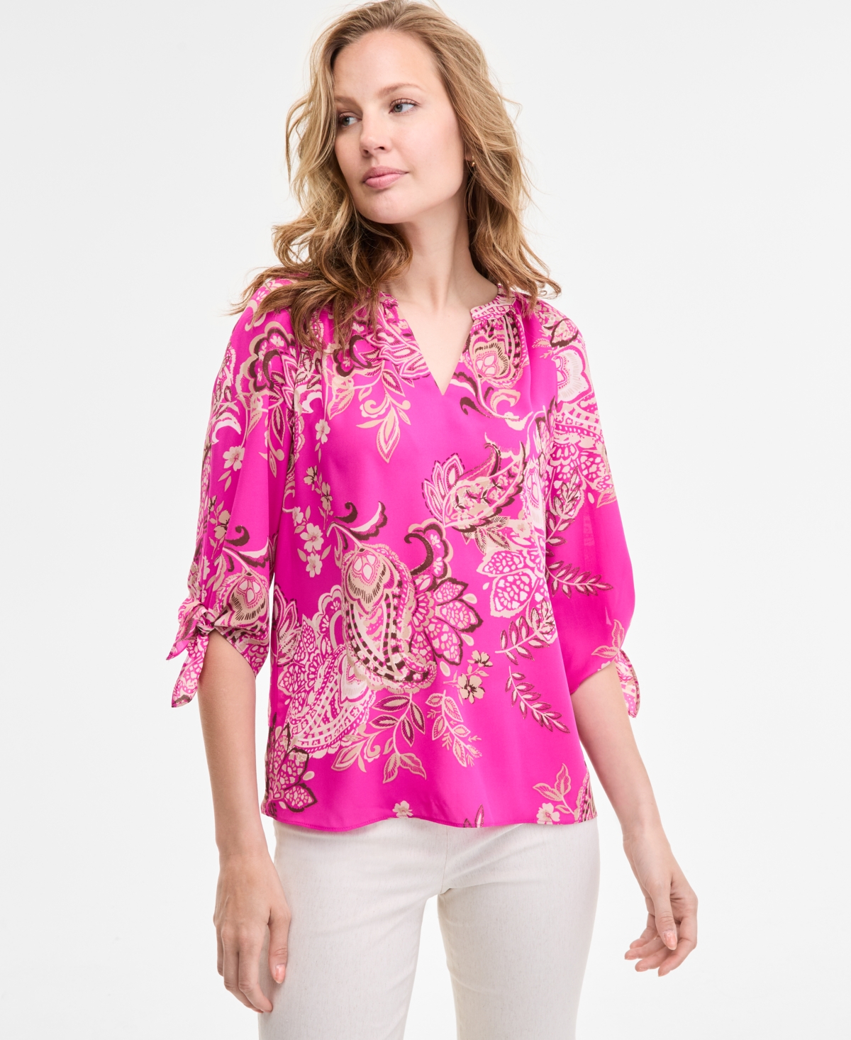 Women's Paisley-Print Tie-Sleeve Blouse - Bright Orchid Multi