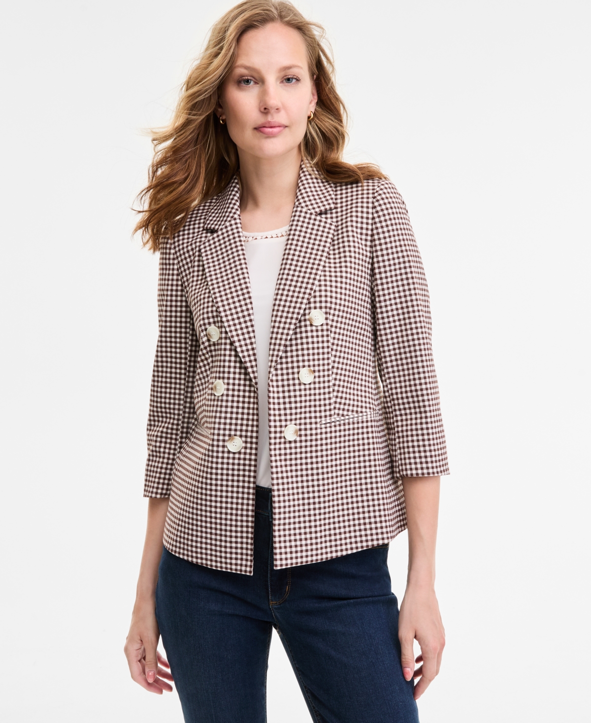 Jones New York Gingham Faux Double Breasted Jacket In Brown