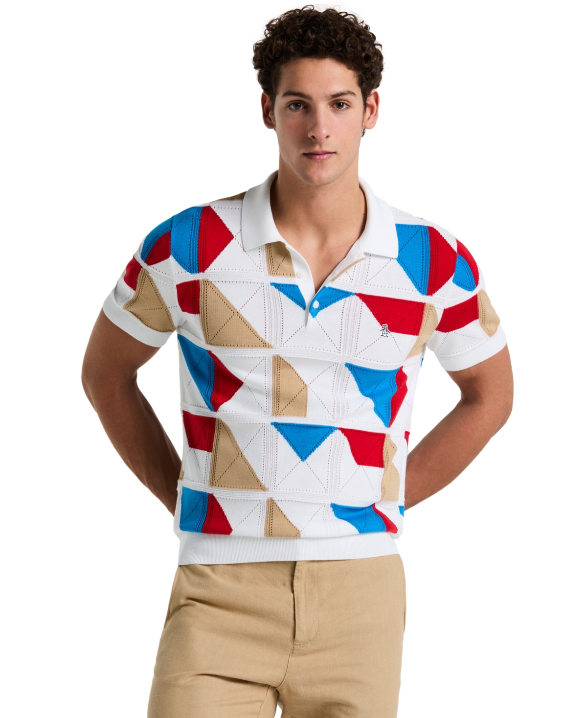 Men's Slim-Fit Multicolor Jacquard Polo Sweater - Bright White