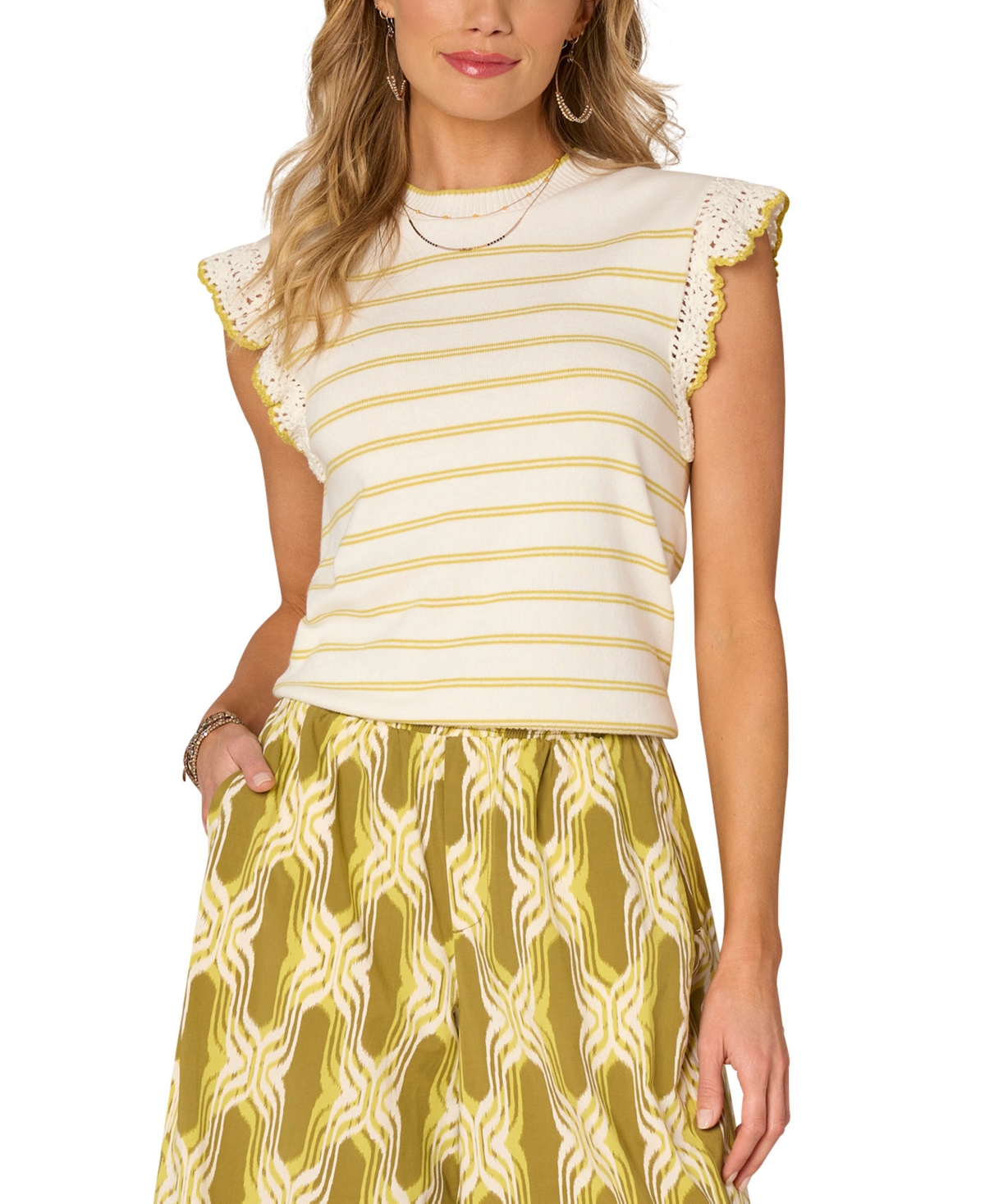 Women's Striped Crochet Flutter-Sleeve Sweater - Off White-
